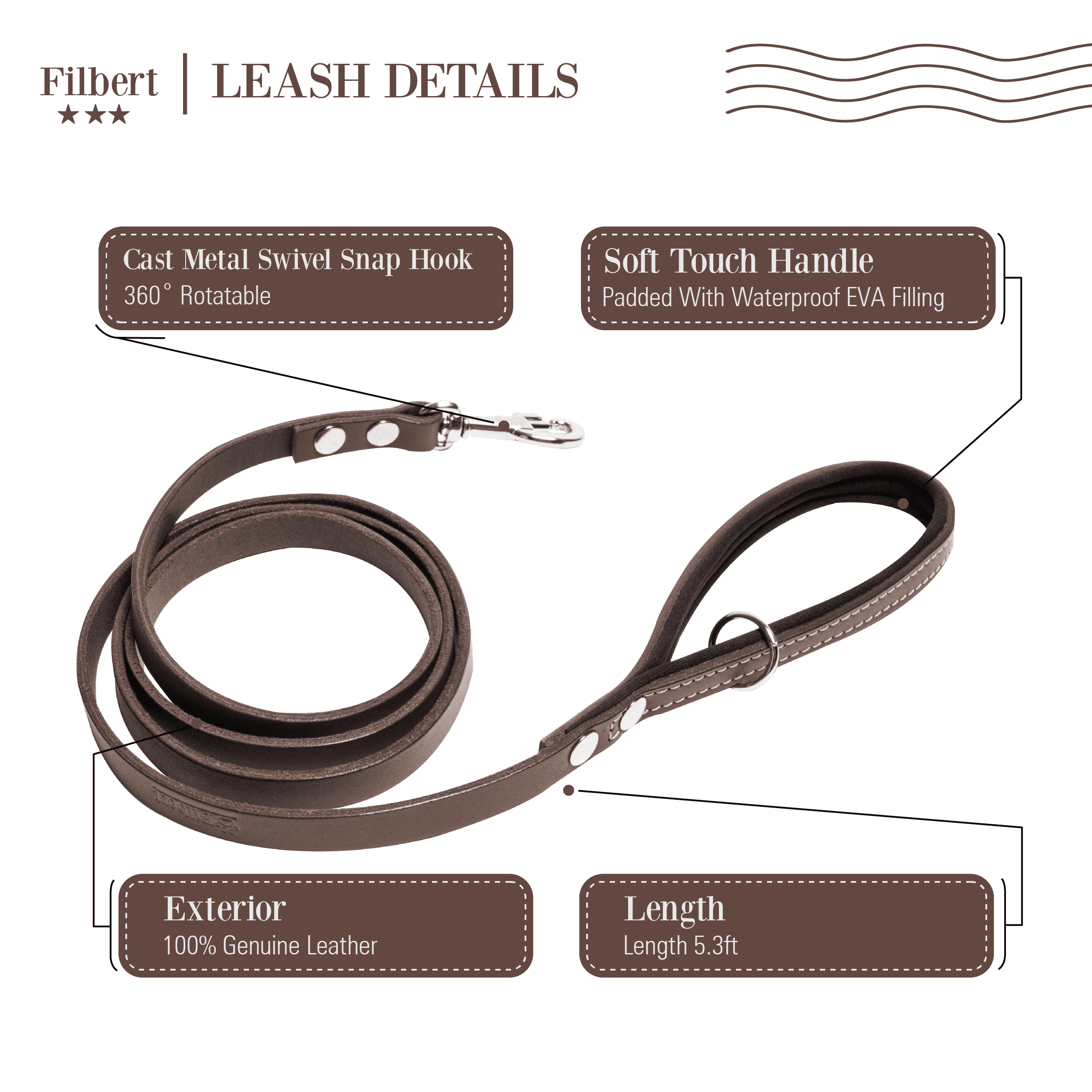 Filbert Genuine Leather Dog Leash, Strong Leather Leash for Small, Medium, Large Breed Dogs, 5.3ft, Soft and Comfortable, Durable, Heavy Duty, Brown