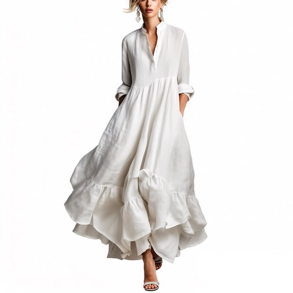 Elegant Flowy Linen Maxi Dresses for Women Summer Stand Collar Loose V Neck Ruffle Swing Wedding Guest Dress