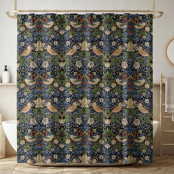 Vintage Botanical Birds And Strawberry Thief Shower Curtain Dark Blue Floral Fabric Bathroom Decor with Hooks 71x71 inches