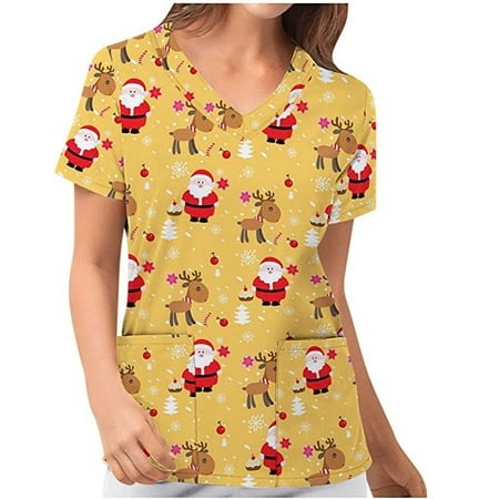 

Christmas Scrub Tops for Women Petite Short Sleeve Vneck Printed Working Uniforms Holiday Tee Shirt Trendy Novelty Cute Tunic Casual Blouse Tee Shirt Top for Women