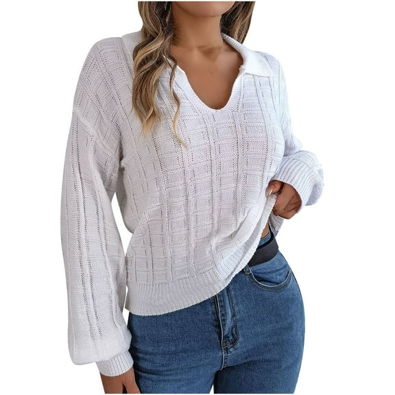 Annhoo Fall Sweaters for Women V Neck Lapel Long Sleeve Knitted Tops Ladies Casual Loose Pullover Shirts