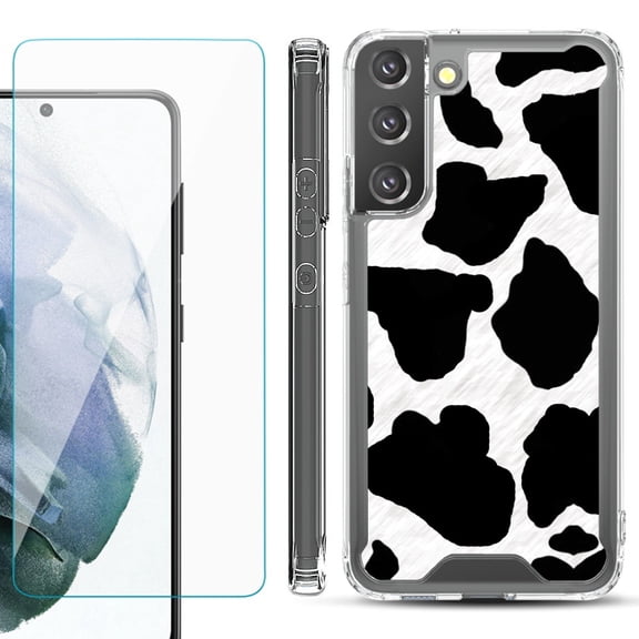 Shockproof Bumper Phone Case for Samsung Galaxy S22 5G, with Tempered Glass Screen Protector, by OneToughShield ® - Cow Skin Design