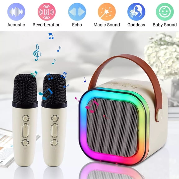 Kids Bluetooth Karaoke Machine, Dual Wireless Mics, Portable Speaker, 4 Magic Effects Male Female Child Monster, TF Card USB, Rechargeable