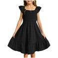 thumbnail image 1 of XIMIN Robes Décontractées pour Filles, Robe Midi à Encolure Carrée Froncée avec Manches à Volants et Poches, Sans Manches, Fluide, Robe d'Été pour Plage, Vacances, Usage Quotidien (Noir, 5-6 Ans), 1 of 5