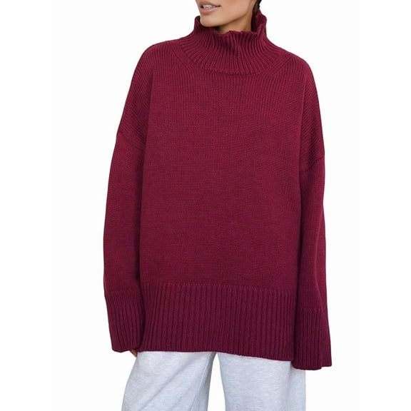 Women'S Sweater Thick Long Sleeve Knit Pullover High-Low Hem Fashion Autumn and Winter Basic Pullover Top Wine Red L