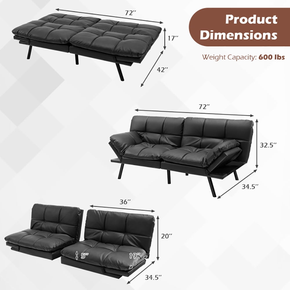 Finihen Sofa Bed, Convertible Memory Foam Couch Bed, Convertible Memory Foam Futon Sofa Bed with Adjustable Armrest, for Living Room, Black