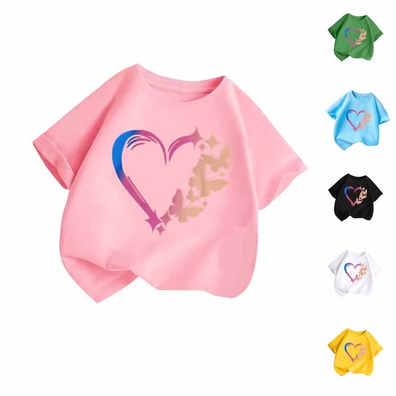 Eltusu Girls Cotton T-shirts, Short Sleeve Fashion Crewneck Pullover Kids Tops Pink Size 2-13 T