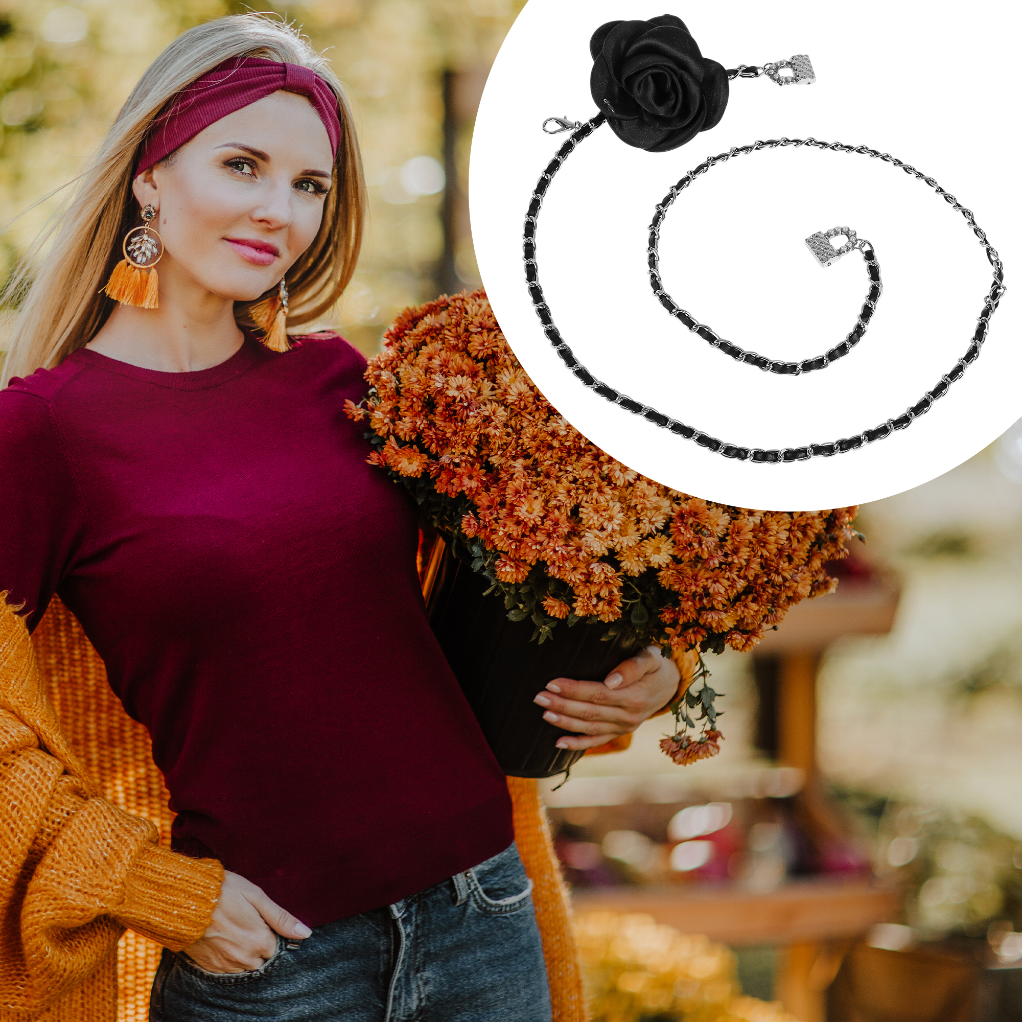 Unique Bargains Flower Adjustable Waist Belt with Adjustable Clasp Silver Tone, Black
