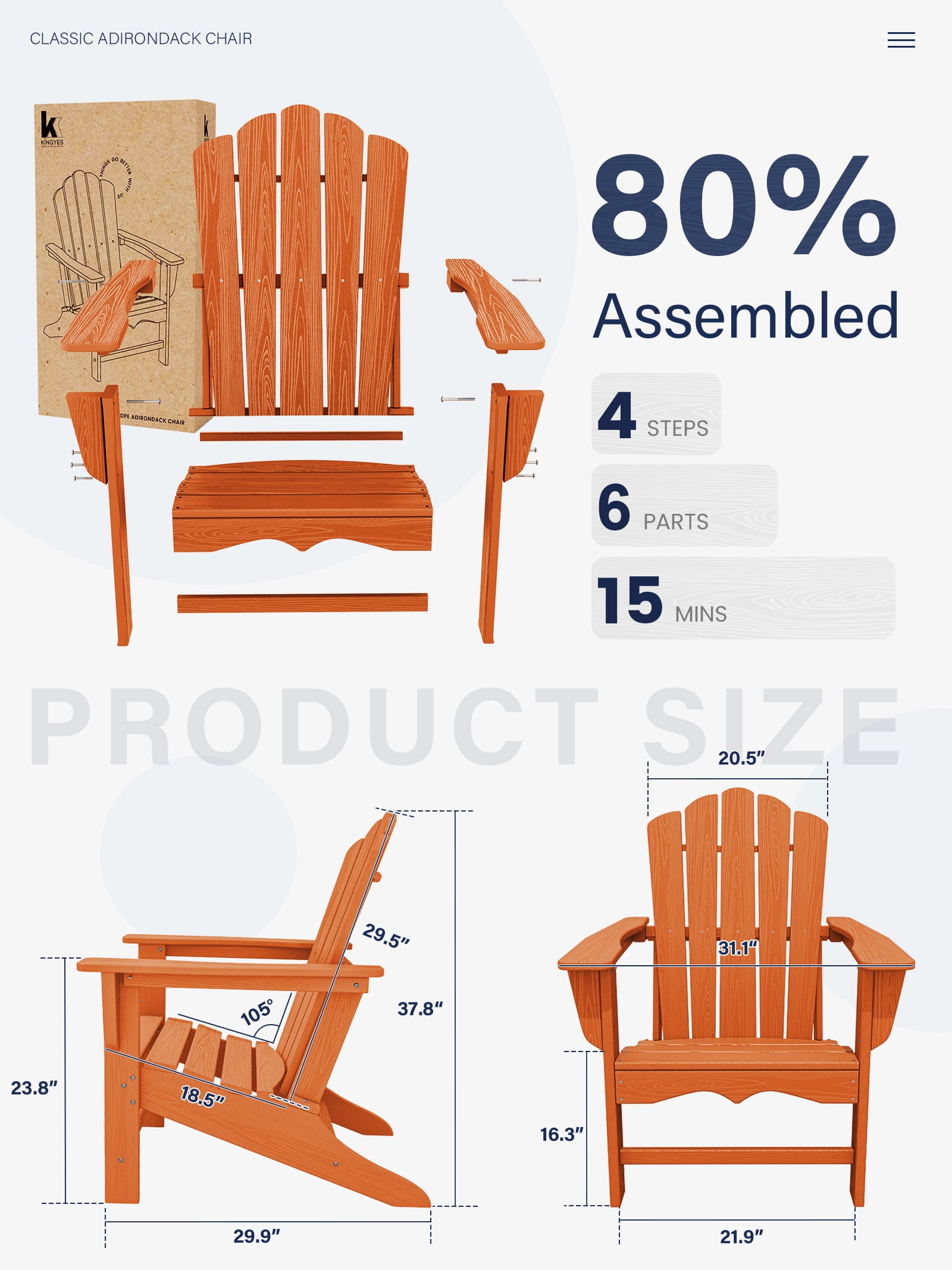 KINGYES HDPE Adirondack Chair, All-Weather Outdoor Fire Pit Chairs for Patio Deck Lawn, Orange