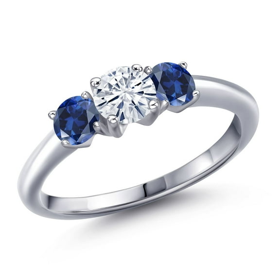 Gem Stone King 925 Sterling Silver White Moissanite and Blue Created Sapphire Engagement Ring for Women | 1.00 Cttw | Round 5MM | Gemstone Birthstone | Size 5