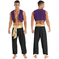TiaoBug Mens Arabian Prince Costume Outfits Golden Vest and Bloomers Pants Halloween Cosplay Party Suit Sequin Black XXL