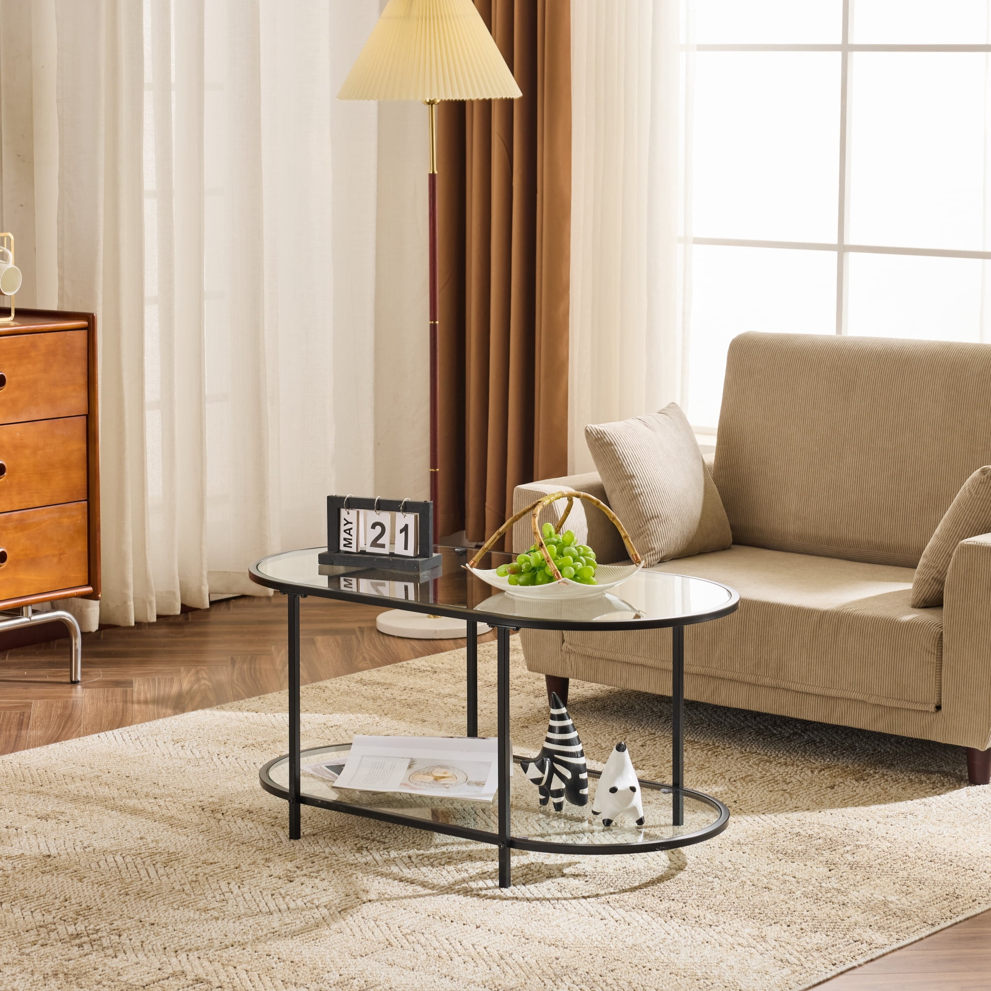 Ktaxon Rustic Coffee Table, Transparent Glass 2-Tier Oval Vintage Minimalist Design Center Table Rust Resistant Narrow Table for Living Room, Black
