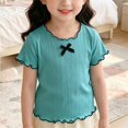 thumbnail image 4 of YunPes Tween Girls Ribbed Short Sleeve T Shirt Lettuce Trim Crew Neck Tees Tops Summer Cute Casual Bowknot Clothes for Kids, 4 of 5