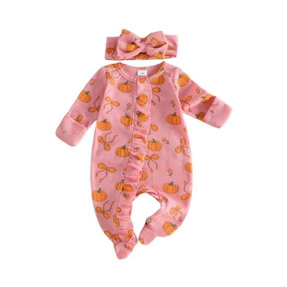 RUINIXCW Baby Girls Halloween Zipper Jumpsuit Long Sleeve Round Neck Bow Pumpkin Print Footed Romper with Headband