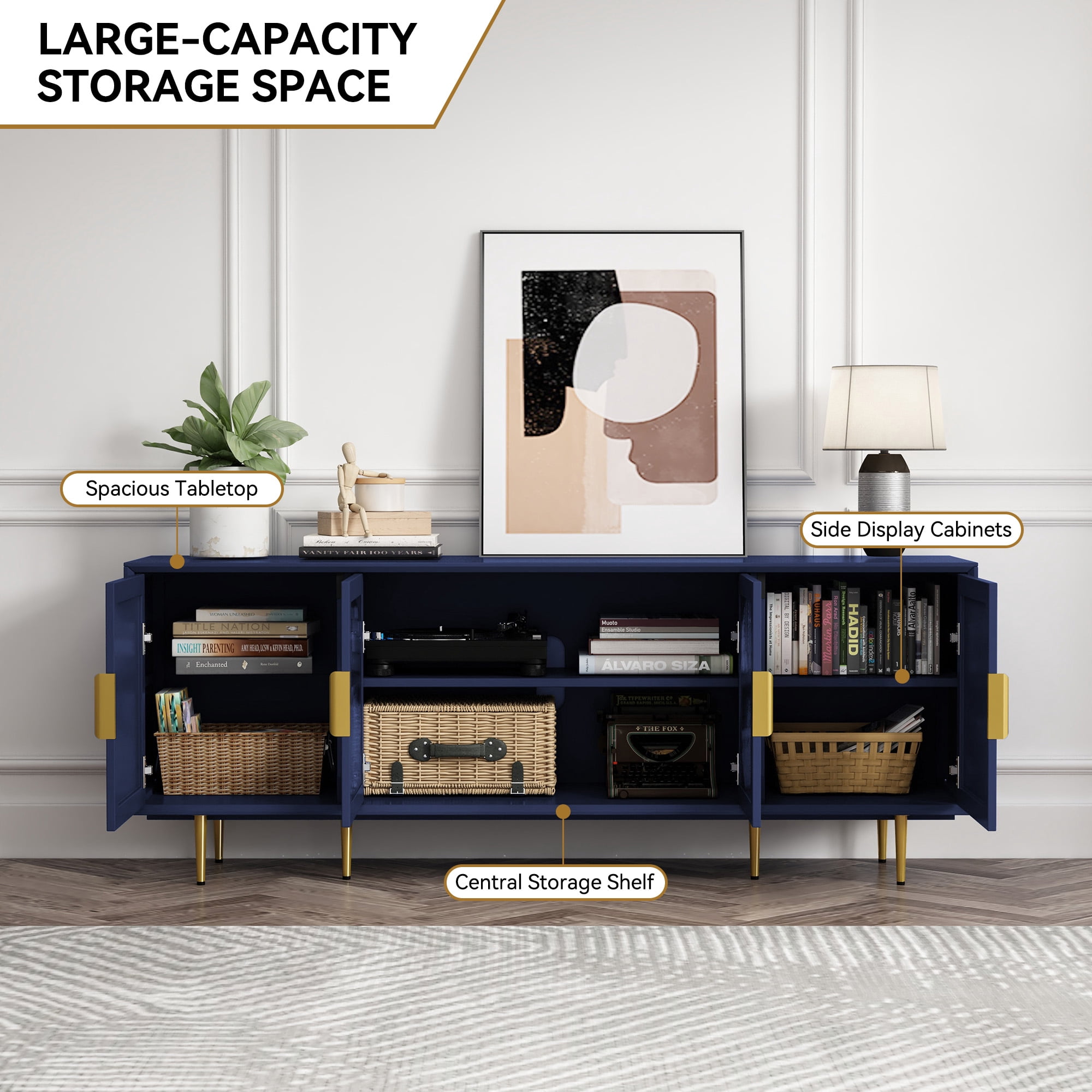 HLR Modern 66" TV Stand, for TVs up to 75", Living Room Entertainment Center with Glass Storage Cabinet, Blue