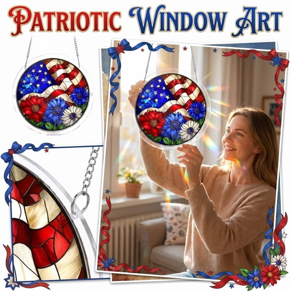 American Pride Acrylic Jigsaw Puzzle Suncatcher, Patriotic Flag Stained Glass Style Window Hanging, 4th of July Home Decor Gift for Family and Friends