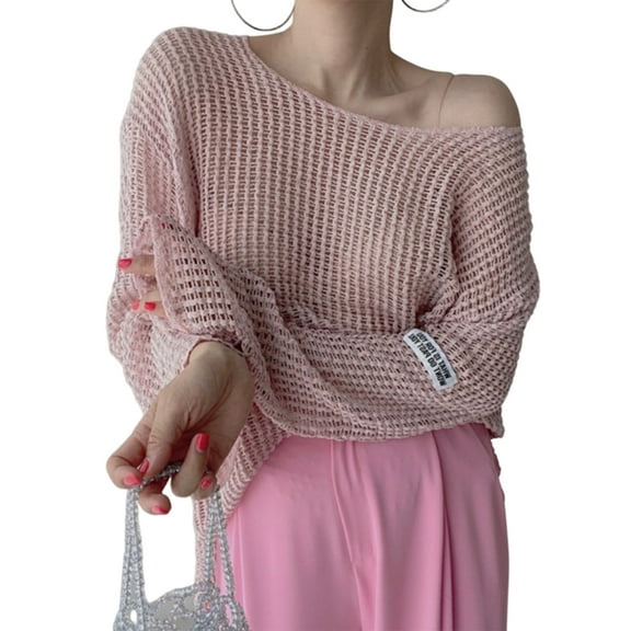 Women's Knitted Cover Up Sweater Top Casual Loose Hollow Out Meshes Long Sleeve Shirt Pullover Top 2024 Outfit