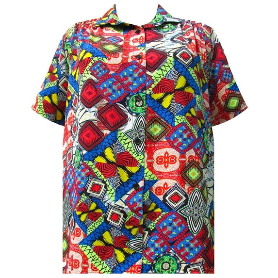 A Personal Touch Women's Plus Size Short Sleeve Button-Front Tunic with Shirring - Multi Tribal - 2x