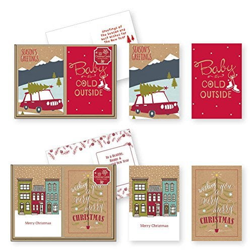 24 Count Christmas Holiday Boxed Cards Contemporary Kraft