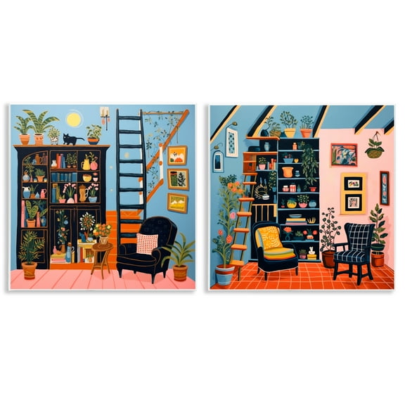 Stupell Industries Cozy Decorated Reading Nook Furniture Painting Unframed Art Print Wall Art, 12 x 12, Set of 2