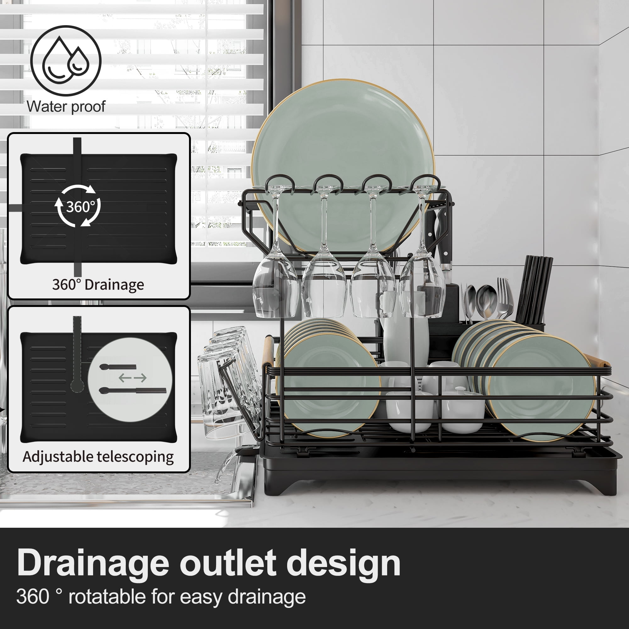 Innovaze Metal Dish Drying Rack, 2 Tier Compact Dish Rack w/Bamboo Holder for Kitchen Counter, Black