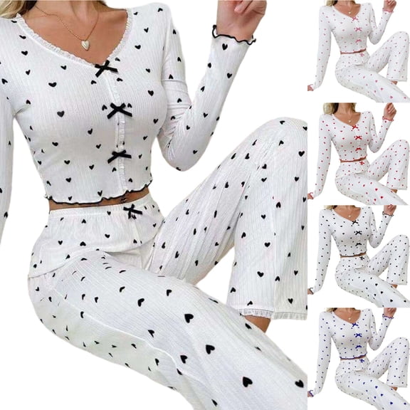 Bixock Women Fall and Winter Outfit Set,Women Two-piece Set,Women's Two-Piece Set Fall and Winter Heart Pattern Long Sleeve Top and Roll-Up Hem Pants Loungewear Set