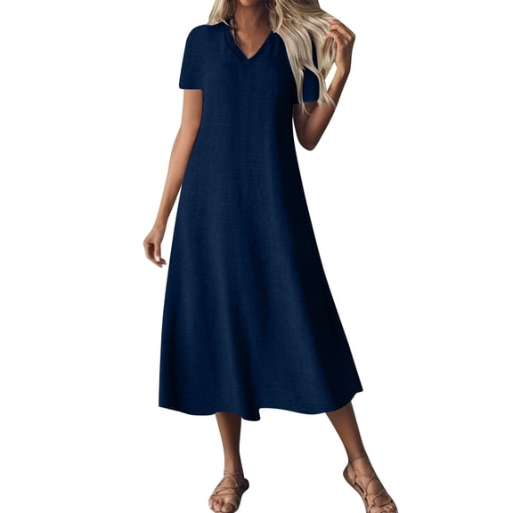 Efsteb Women's Summer Dresses Casual Resort Dress Spring Crew Neck Solid Color Loose Fit Vacation Midi Dresses Short Sleeve ,Size:L