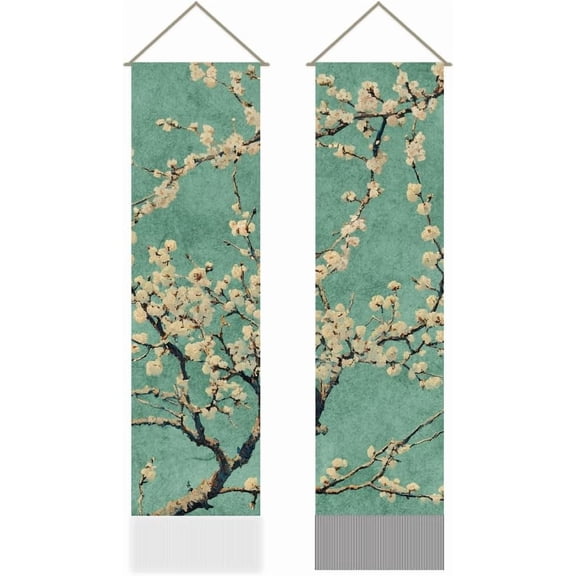 Pack of 2 Apricot Blossom Tapestries Blossoming Almond Floral Vertical Long Aesthetic Tapestry Doorway Curtain Tassel Wall Hanging