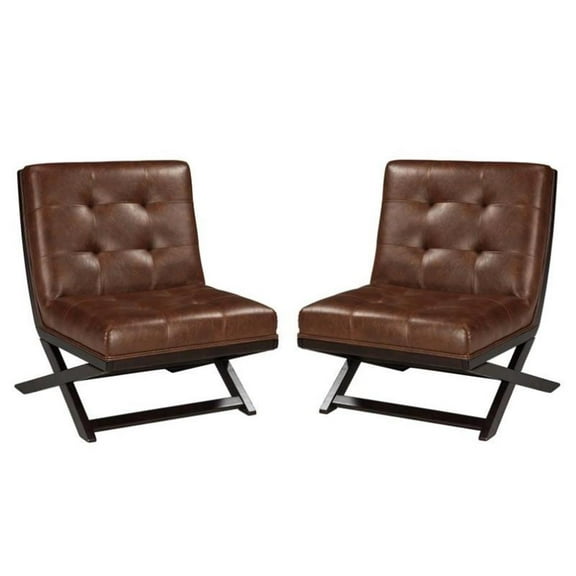 Home Square 2 Piece Faux Leather Tufted Accent Chair Set in Brown
