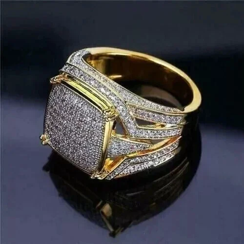 Aishvi Jewels 3.20Ct Round Real Moissanite 14K Yellow Gold Plated Cluster Men's Wedding Ring