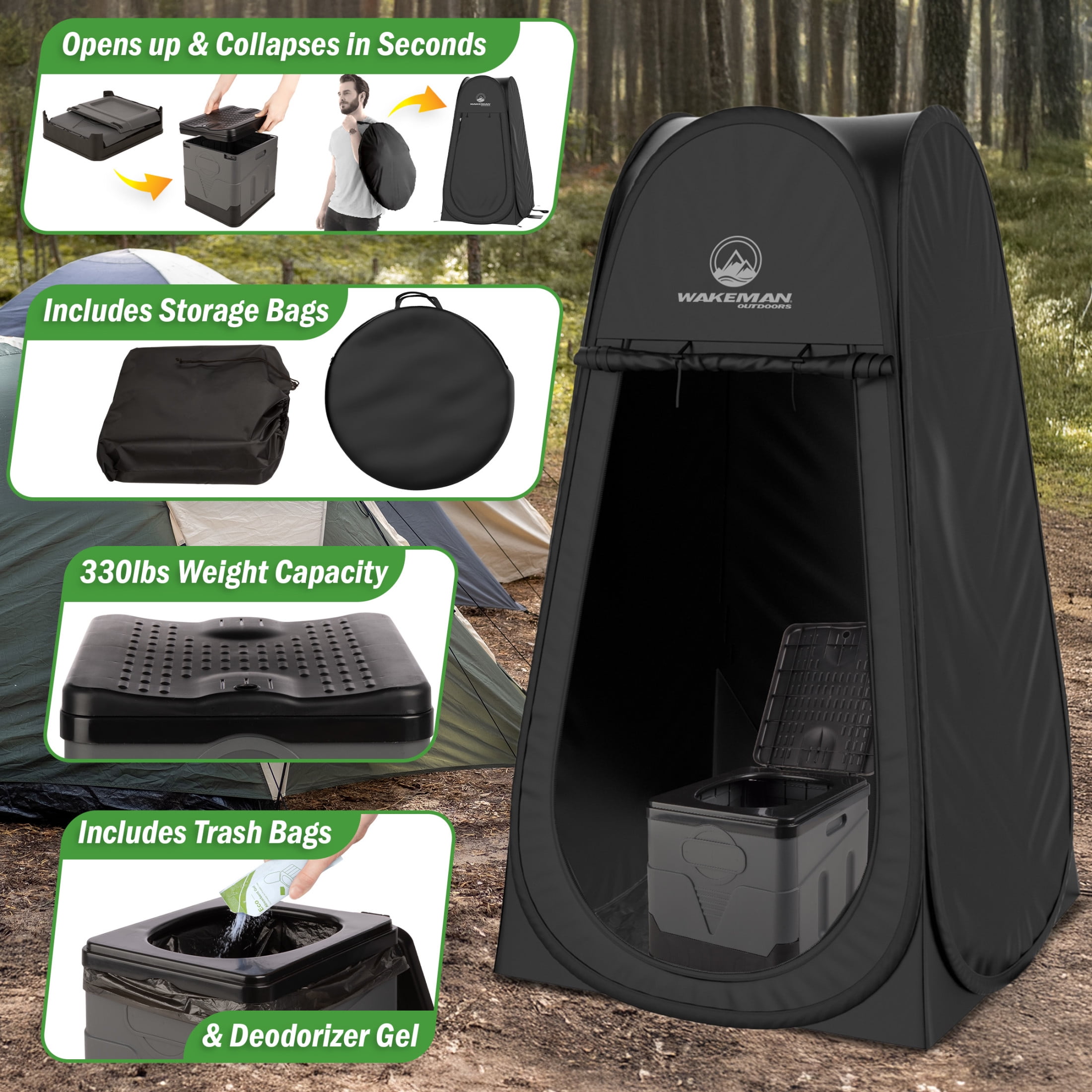 Wakeman Outdoors Camping Toilet Set - Pop Up Privacy Tent and Portable Toilet for Adults, Black