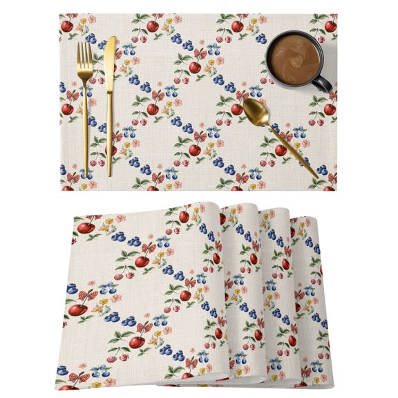 Red Cherry Blueberry Placemats Set of 2, Country Farmhouse Flower Green Leaf Linen Non-Slip Place Mats Washable Table Mats for Kitchen Dining Table Decorations Indoor/Outdoor