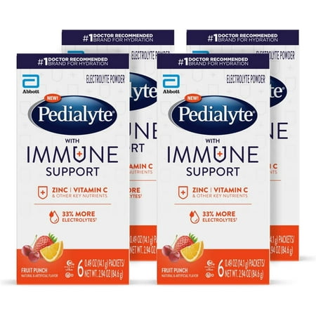 Pedialyte with Immune Support, 24 count, Electrolytes with Vitamin C and Zinc, Advanced Hydration with PreActiv Prebiotics, Fruit Punch, Electrolyte Drink Powder Packets