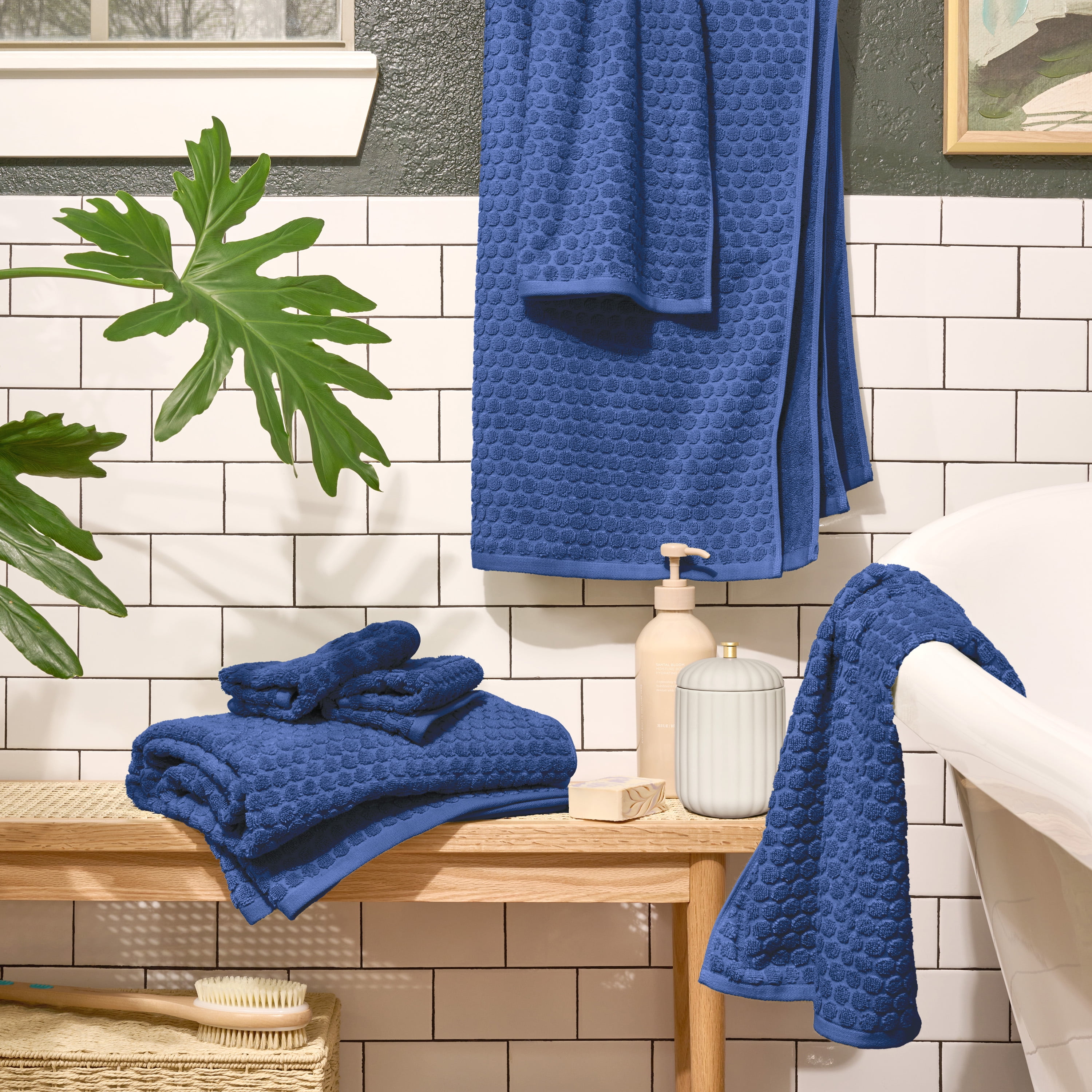 Beautiful by Drew Barrymore 6-Piece Dot Bath Towel Set, Soft 100% Cotton, Nightshadow Blue