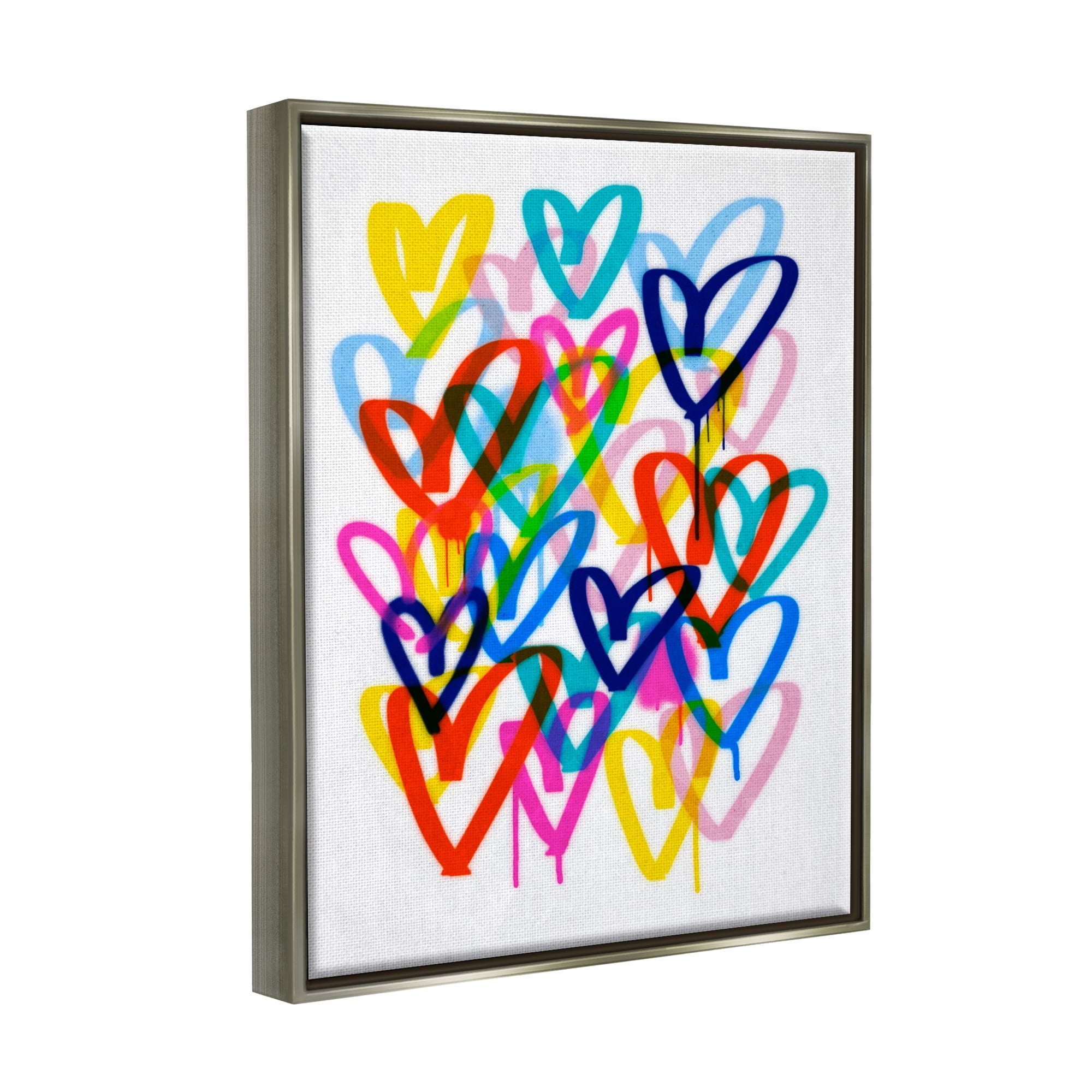 Stupell Industries Urban Graffiti Hearts Abstract Painting Gray Floater Framed Canvas Art Print Wall Art, 25 x 31