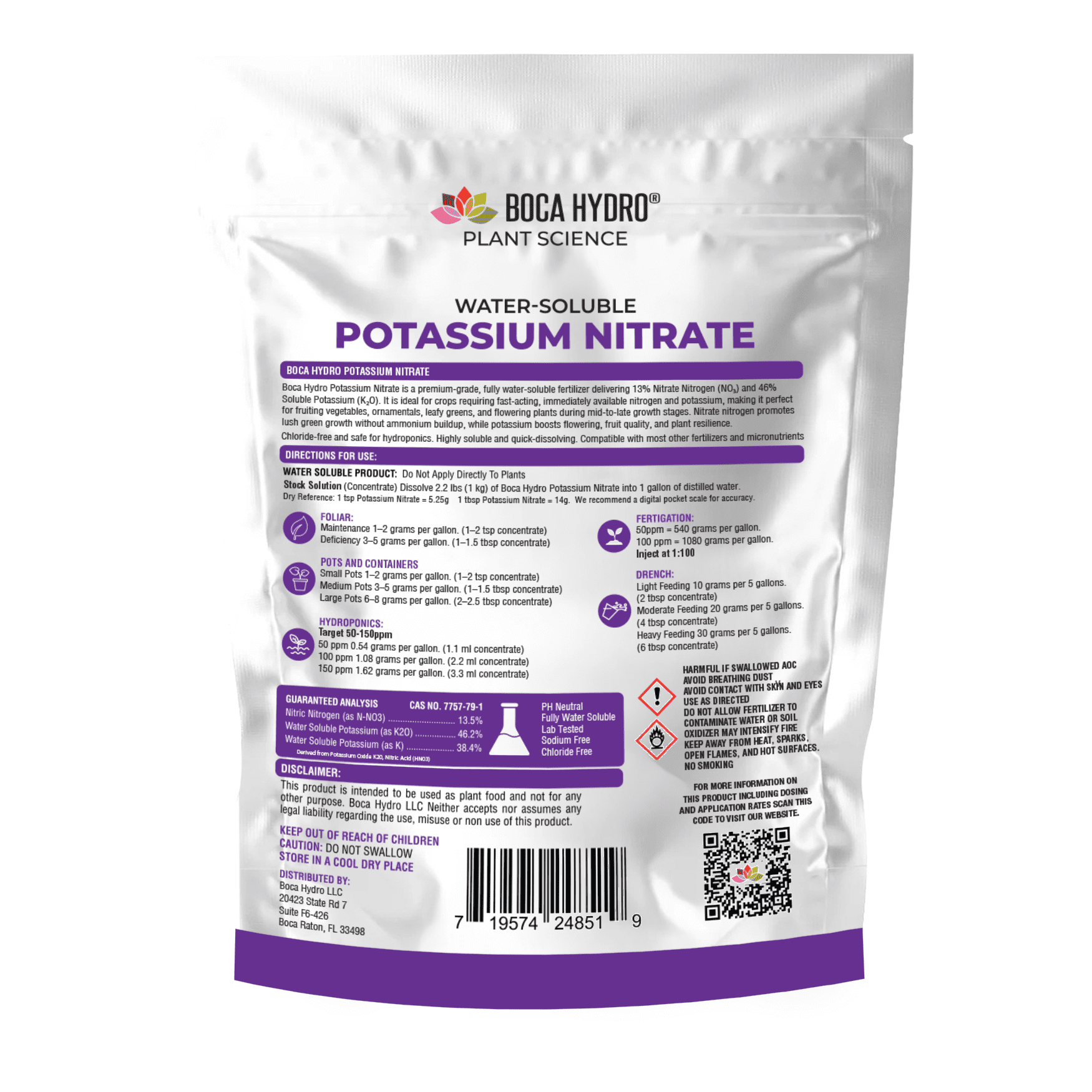 Boca Hydro Potassium Nitrate 13-0-46 – Premium High-Purity Water-Soluble Fertilizer for Hydroponics, Fertigation, Foliar Feeding & Soil – Fast-Acting Nitrogen & Potassium Boost for Fruits, Vegetables