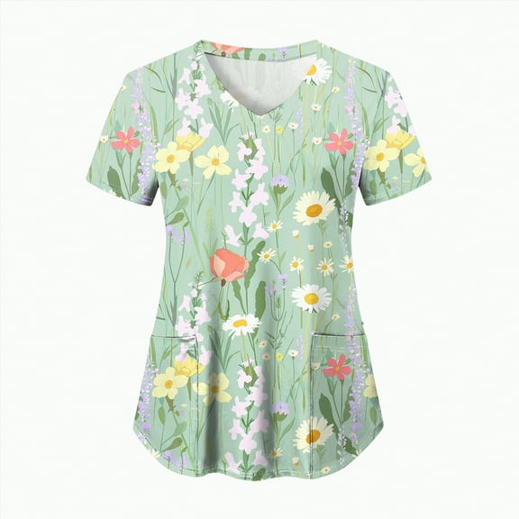 TOWED22 Holiday Scrub Tops for Women Short Sleeve Vneck Stretchy Nurse Workwear Uniforms Cute Printed 2 Pockets Scrub Shirt(Light Green,XL)