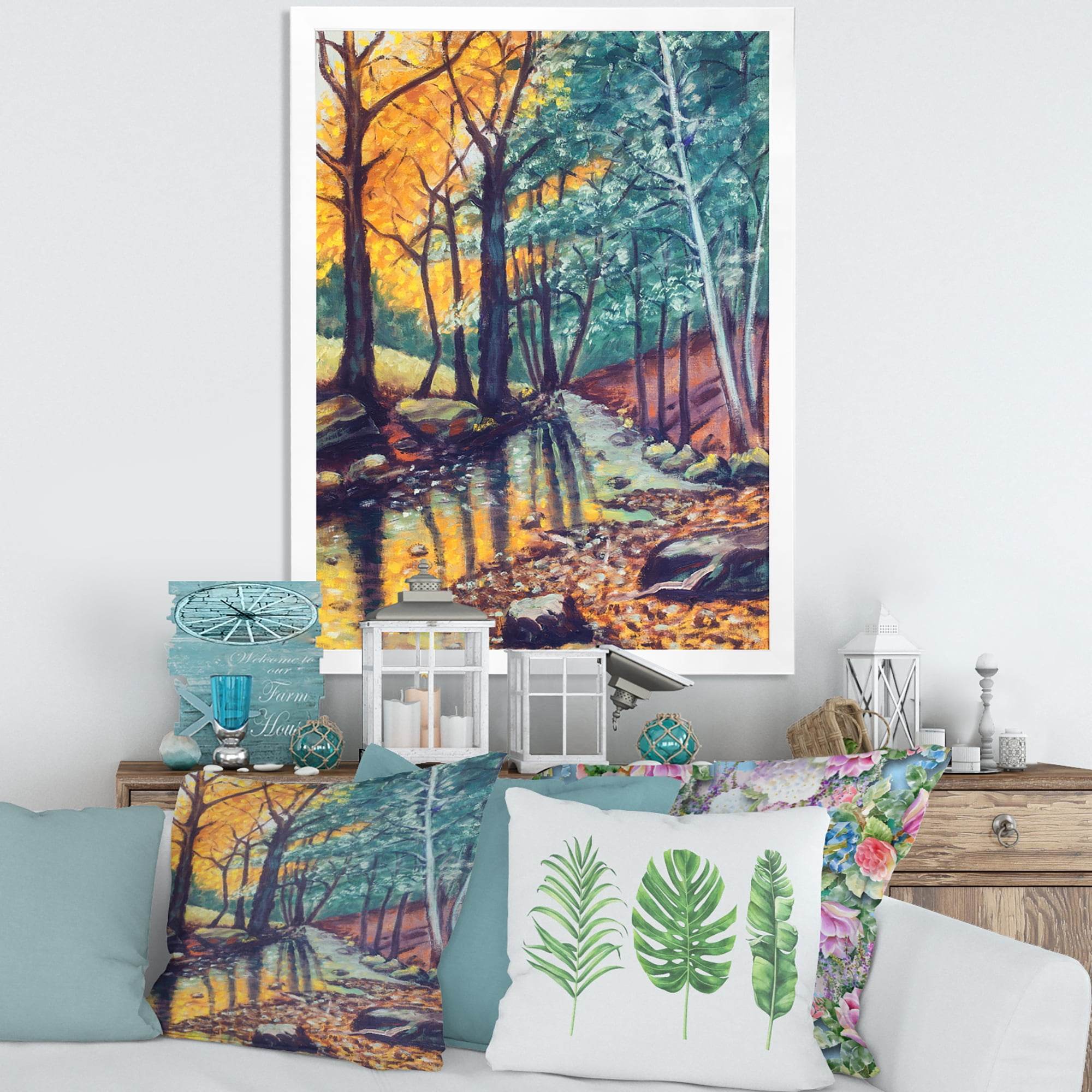 Designart 'Landscape With Autumn Forest Sunset River' Traditional Framed Art Print