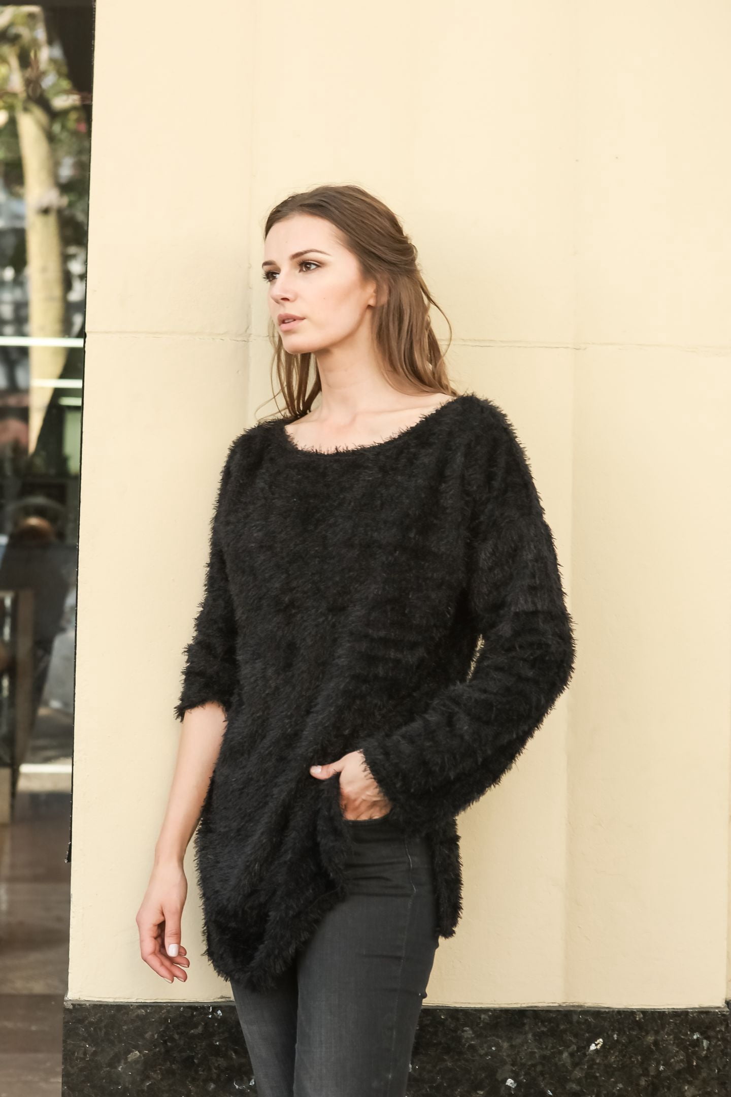 Women Boat Neck Fuzzy Furry Sweater Knit Pullover Loose Fit Tunic Top Black Large