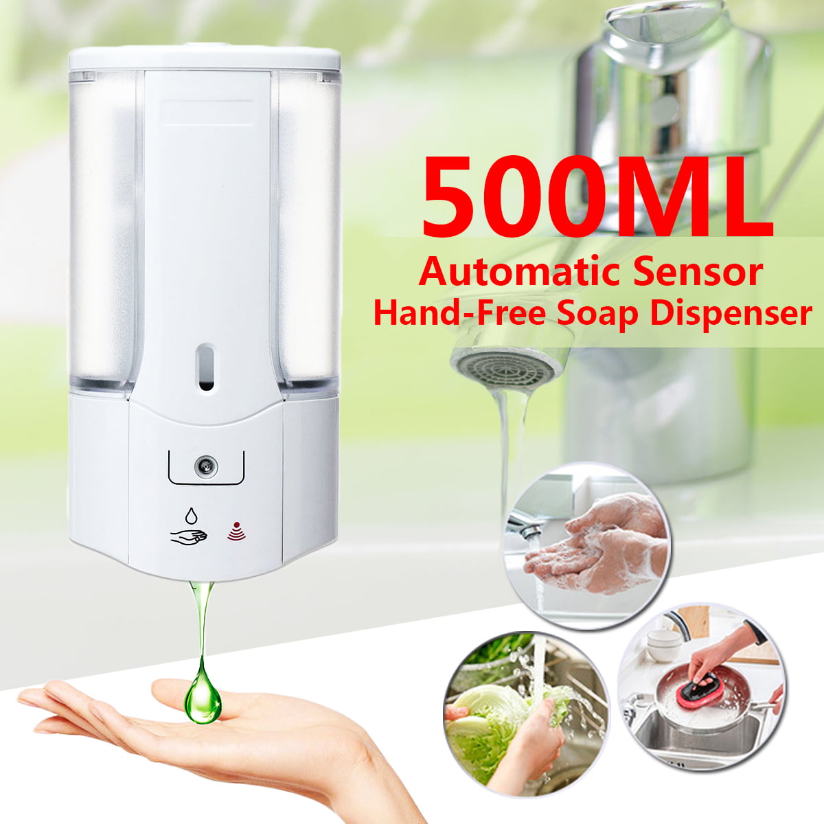 500mL Wall Mounted Automatic Soap Dispenser, Hand-Free Infrared Motion