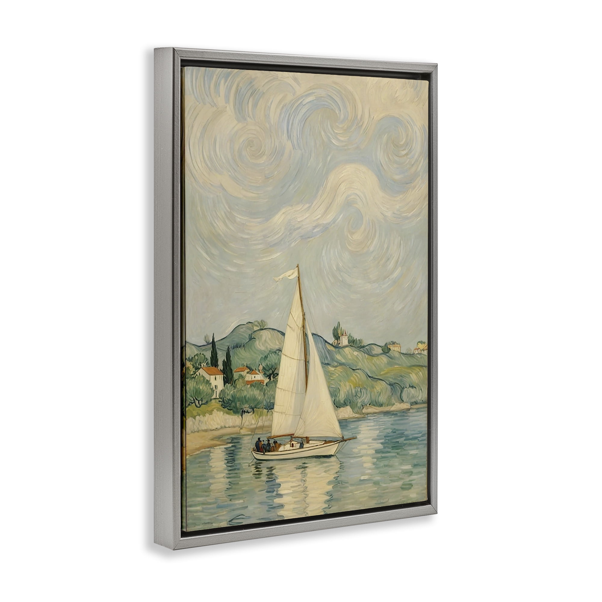 Stupell Industries Sailboat Beneath Swirling Clouds Gray Framed Floater Canvas Wall Art, design by Angie Hawke