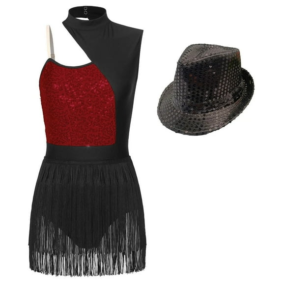 Womens Samba Tango Jazz Latin Dance Performance Costume Sleeveless Tassels Leotard Shiny Sequins Fringed Bodysuit With Hat