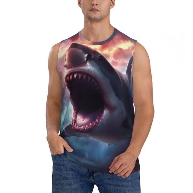 Fotbe Dramatic Shark Attack Men's Camiseta sin Mangas Estampada para Hombres, Playera Casual para Gimnasio, Entrenamiento, Playa-3X-Large