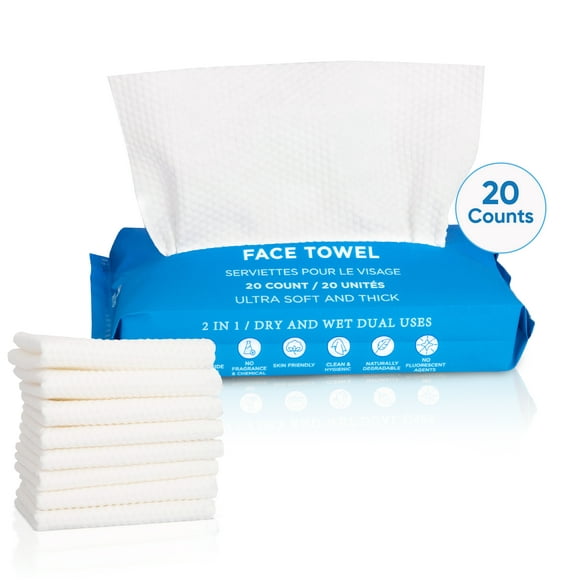 WITHU Disposable Face Towels, Ultra Soft Biodegradable Makeup Remover Wipes, Hypoallergenic Lint-Free Towelette, Facial Cleansing, All Skin Types 20Ct