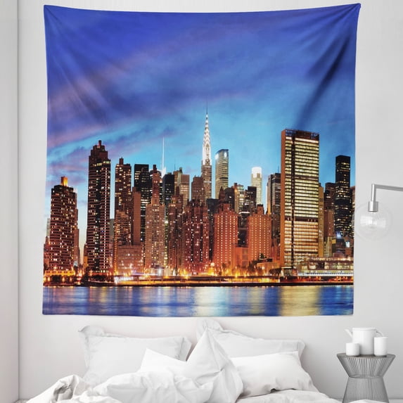 NYC Scene Tapestry, Manhattan Town Panorama at Dusk with High Towers and the River, Fabric Wall Hanging Decor for Bedroom Living Room Dorm, 5 Sizes, Dark Violet Multicolor, by Ambesonne