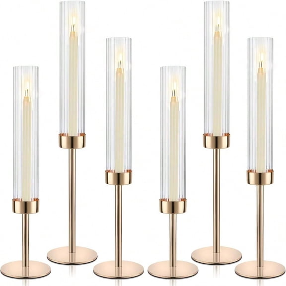 Gold Hurricane Candle Holders Set of 6 Glass Taper Candlestick Holders Metal Candle Stands Bulk with Ribbed Glass Cover for Dining Tables Wedding Candelabra Centerpieces Decor