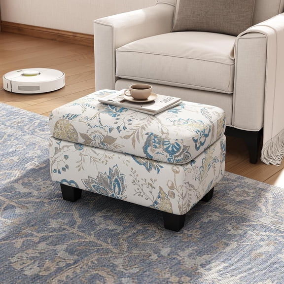 23'' Large Square Ottoman Upholstered Button Tufted Coffee Table, Oversized Square Ottoman with Wooden Legs for Sofa Couch Living Room, Bedroom, Blue Flower(No Storage