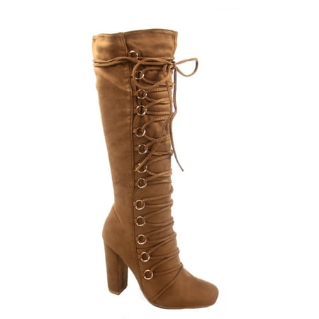 Women's Stylish Fashion Lace Up Side Zip Mid-Calf Knee High Chunky High Heel Boots