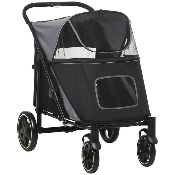Noaman PawHut One-Click Foldable Dog Stroller for Medium & Large Dogs Up to 66lbs, 44"L x 25.5"W x 39.25"H, Shock Absorption, Storage Pockets, Safety Leash & Mesh Windows, Gray