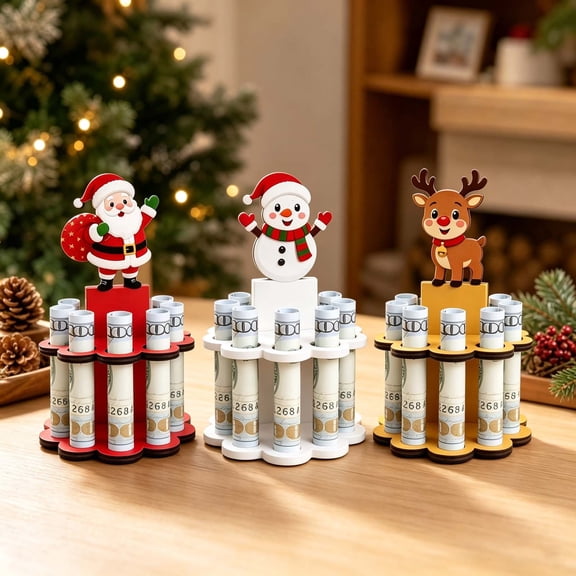 Fievgin Christmas Money Holder Santa Claus Wooden Cash Cake Stand Multi-Layer Money Display Rack for Table Decor